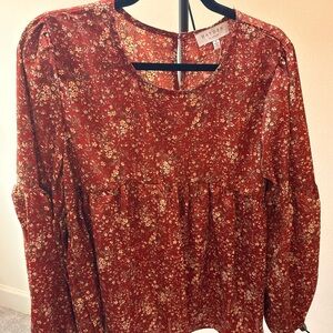 HAYDEN LA Women’s Kristie Misses Floral Burgundy Puff Sleeve Babydoll Top Sz M